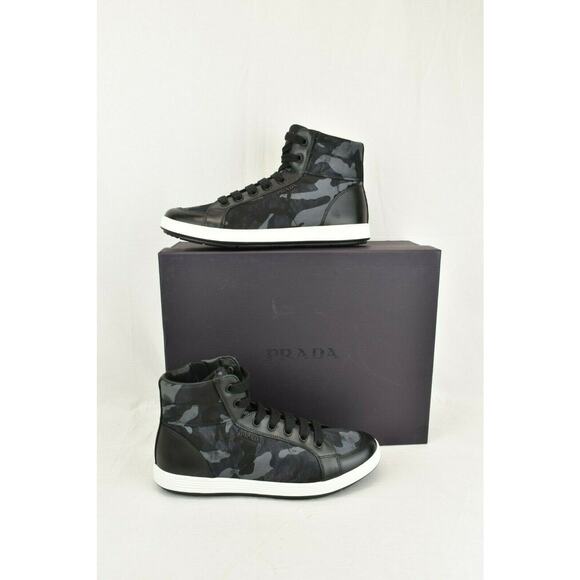PRADA 4T2842 CAMOUFLAGE FABRIC BLACK BLUE LOGO LACE UP ZIP SNEAKERS 7 US 8 - Picture 1 of 12